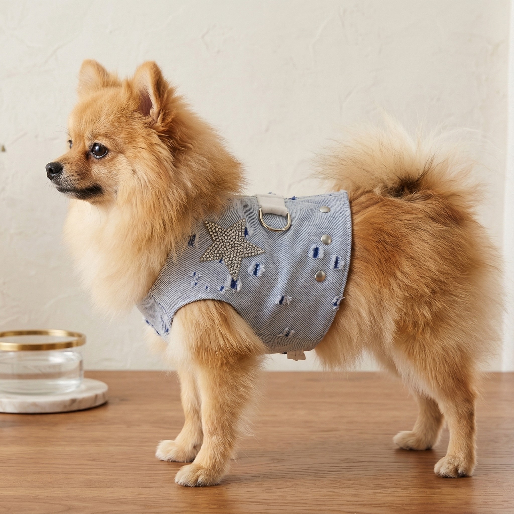 Pettorina per cani Gilet Denim Blu Rock - Anelli Argento